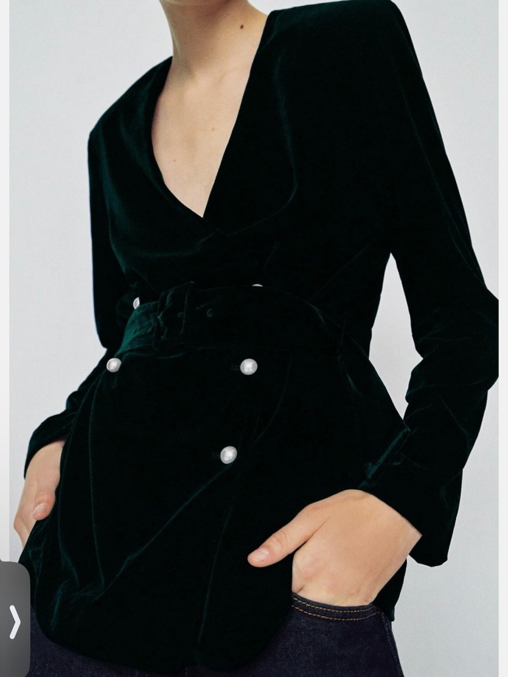 Zara Dark Green Velvet Pearl-Button Wrap Jacket